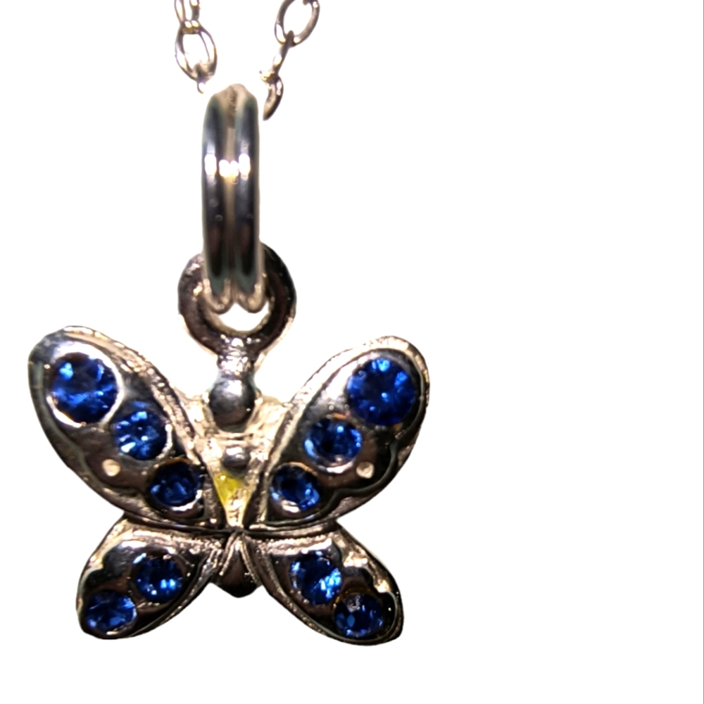 Sterling Silver & Blue Crystal Butterfly Pendant Sparkle Necklace